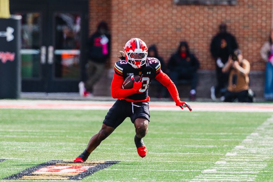 Maryland Terrapins safety Messiah Delhomme returns an interception of quarterback Katin Houser during a game against the Illinois Fighting Illini, Saturday, Oct. 31, 2026, in College Park, Md. (All-Pro Reels).