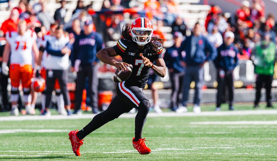 Maryland Terrapins quarterback Malik Washington scrambles during a game against the Illinois Fighting Illini, Saturday, Oct. 31, 2026, in College Park, Md. (All-Pro Reels).