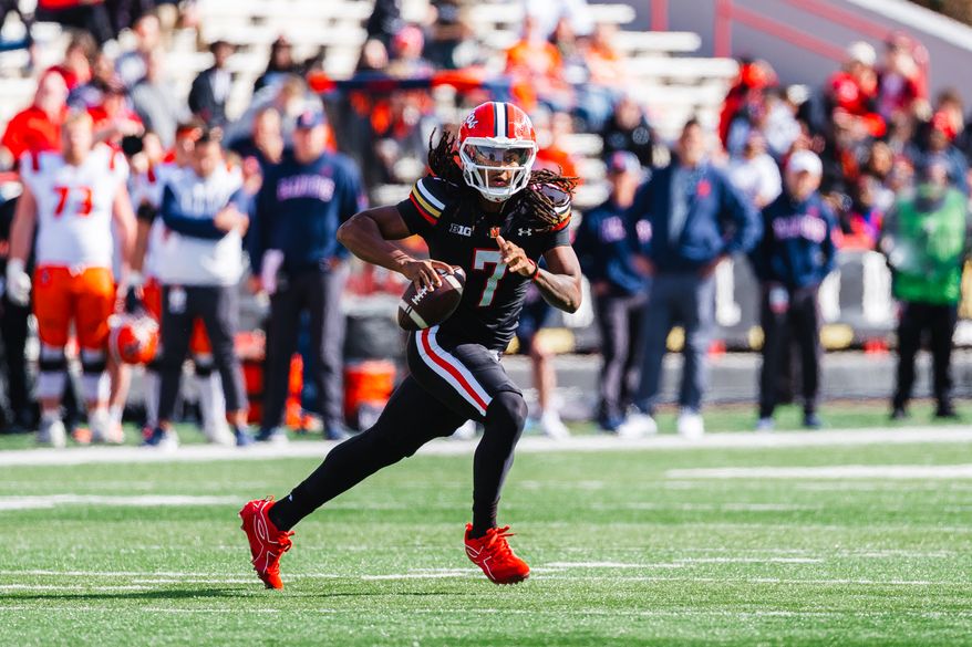Maryland Terrapins quarterback Malik Washington scrambles during a game against the Illinois Fighting Illini, Saturday, Oct. 31, 2026, in College Park, Md. (All-Pro Reels).